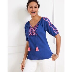 Talbots Plus Women's Blue Crinkle Gauze Pink Embroidered Tassels Peasant Size 1X